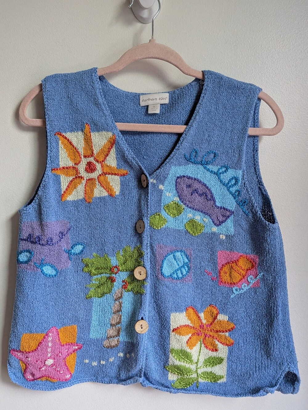 VINTAGE NORTHERN ISLES Blue Coastal Embroidered Palm & Seashell Vest Size Small